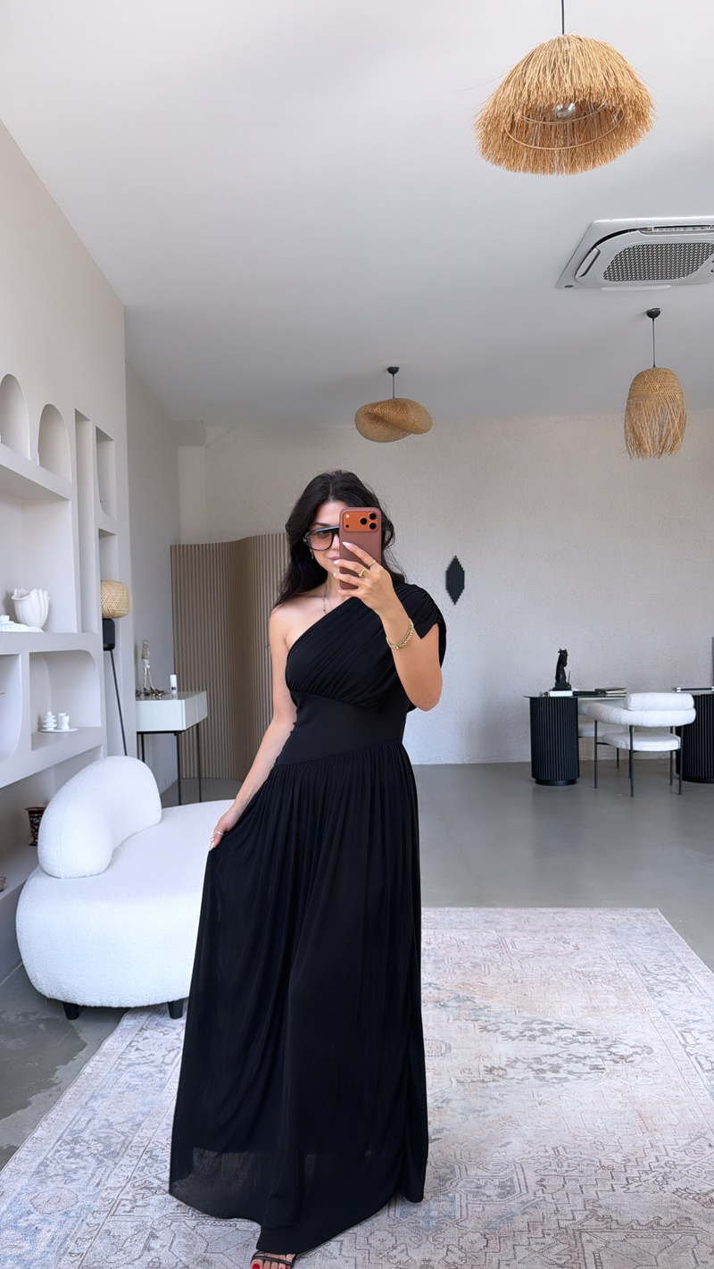 Siyah Tek Omuz Orijinal Drape Detaylı Elbise