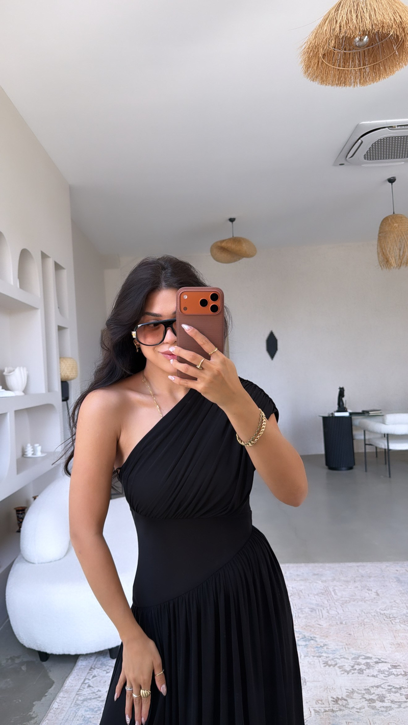 Siyah Tek Omuz Orijinal Drape Detaylı Elbise