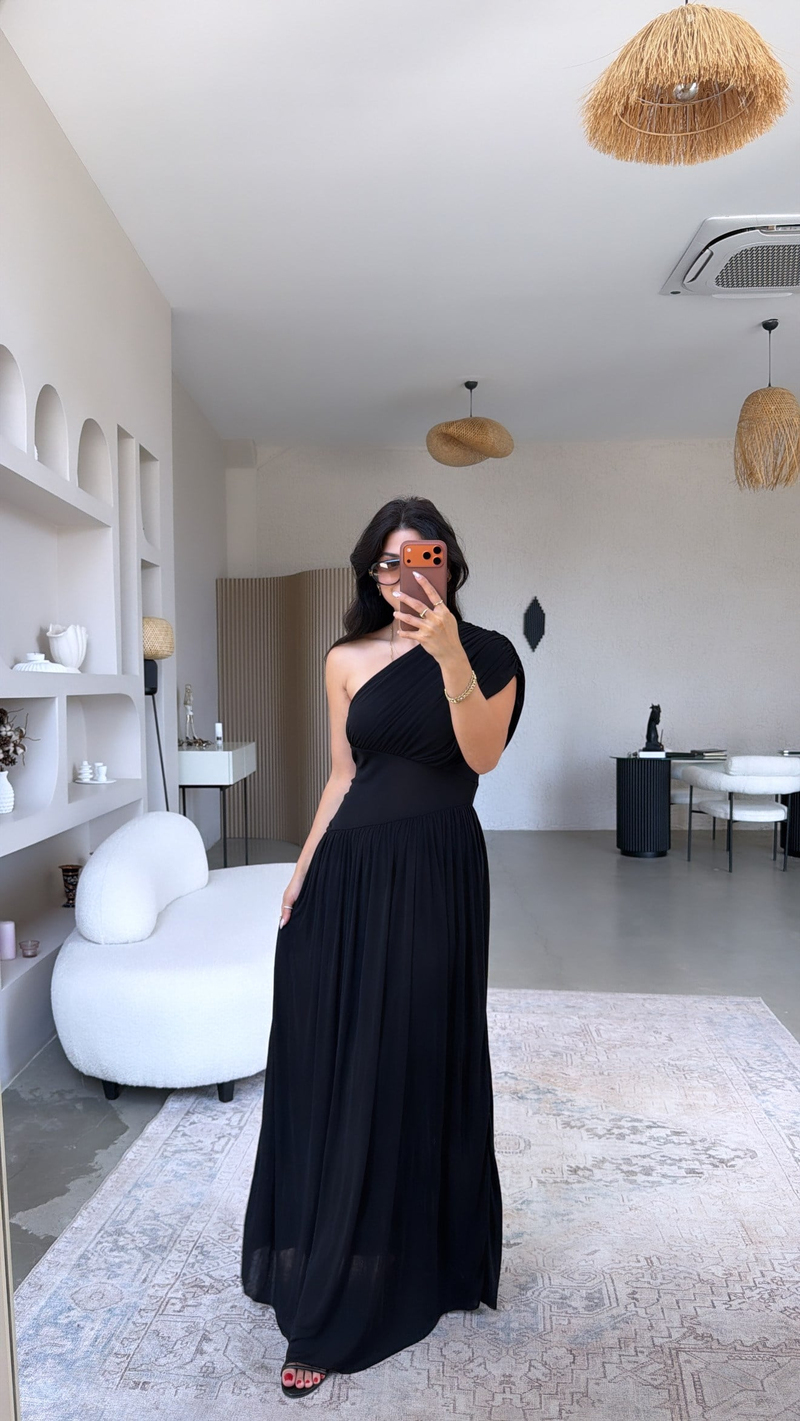 Siyah Tek Omuz Orijinal Drape Detaylı Elbise