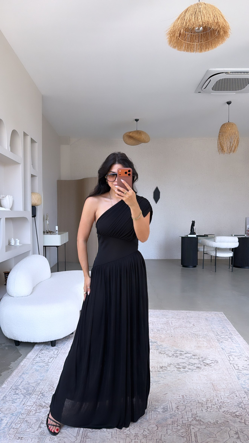 Siyah Tek Omuz Orijinal Drape Detaylı Elbise