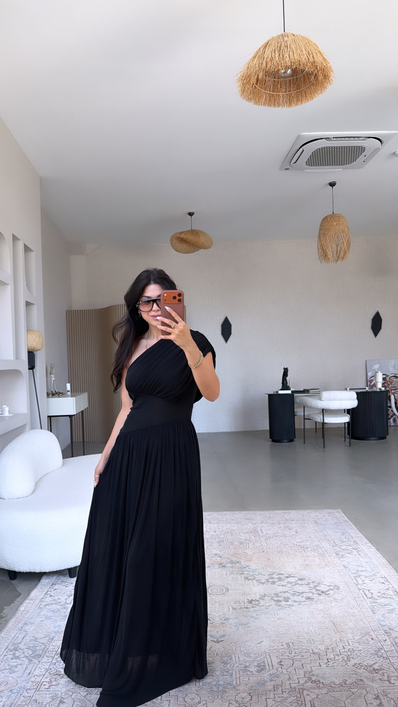 Siyah Tek Omuz Orijinal Drape Detaylı Elbise