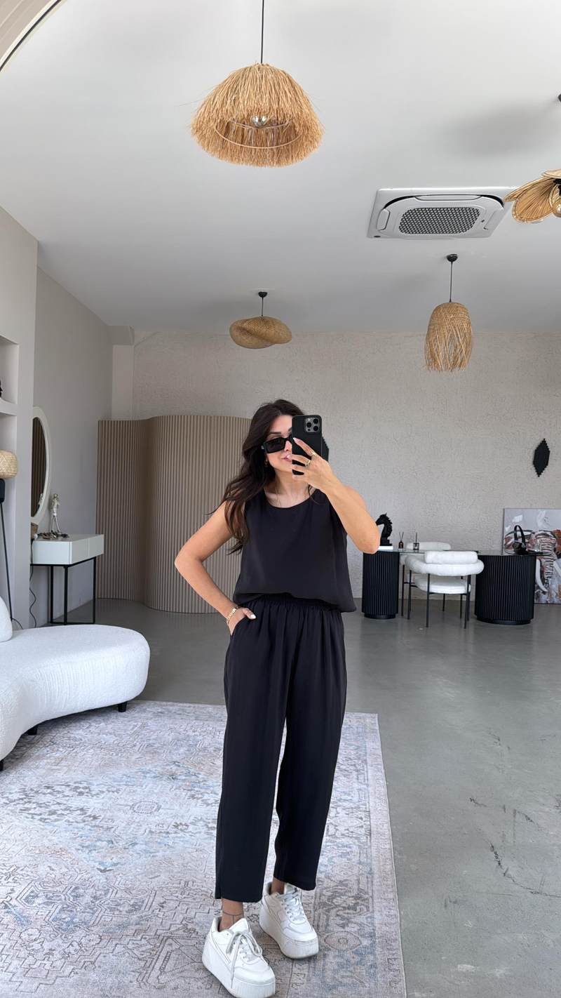 Siyah Tensel Pantolon Bluz Takım