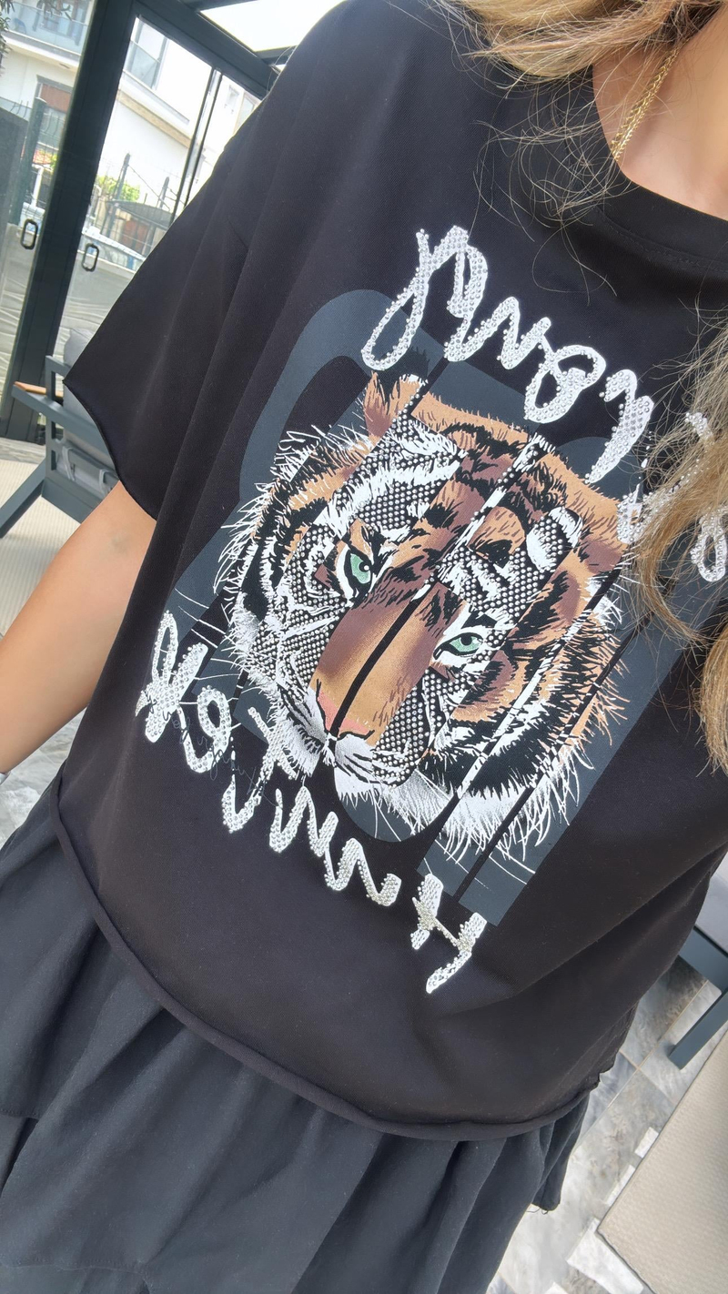 Siyah Tiger Taşlı Tshirt