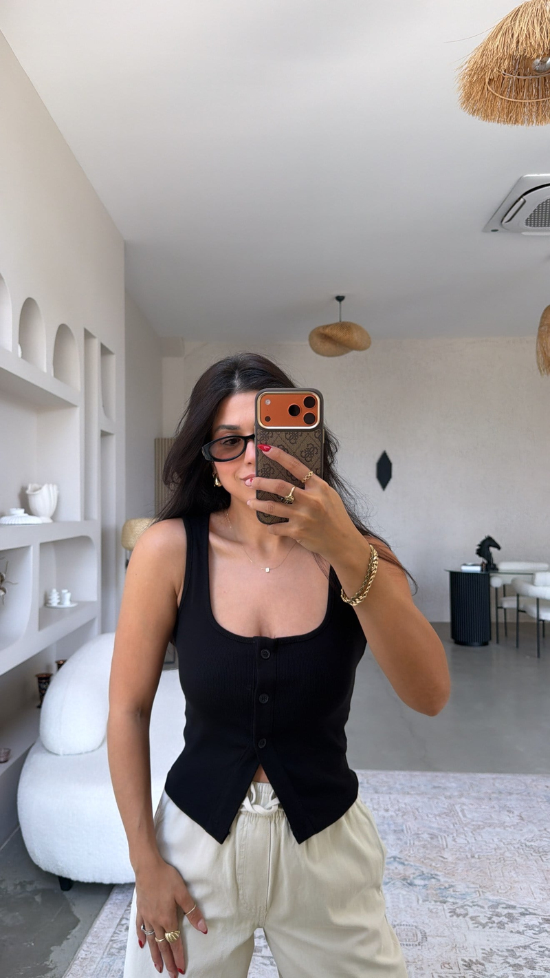 Siyah Üç Düğme Ribana Atlet