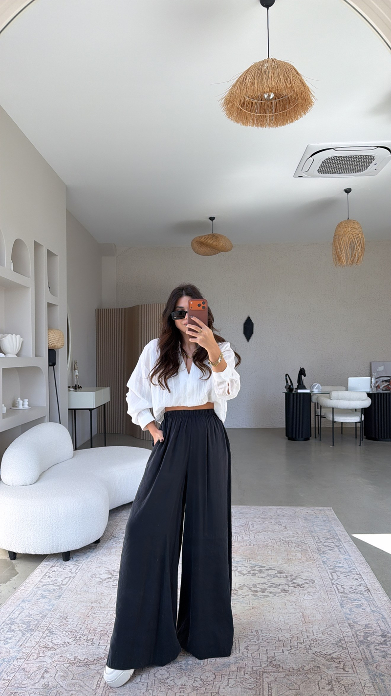 Siyah Ultra Wide Leg Tensel Pantolon