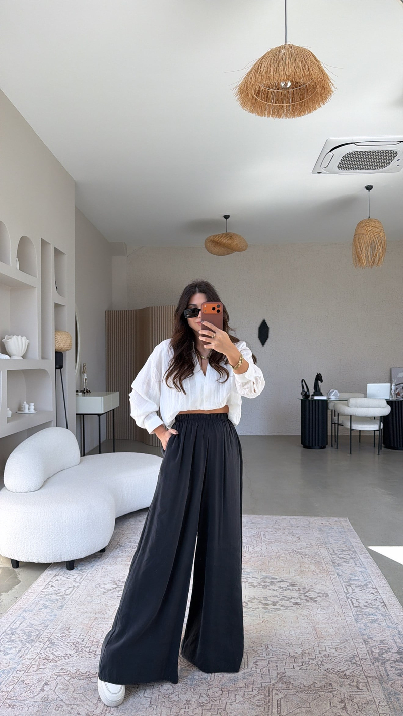 Siyah Ultra Wide Leg Tensel Pantolon