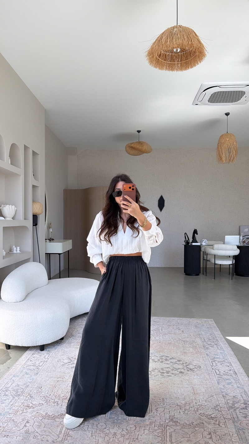 Siyah Ultra Wide Leg Tensel Pantolon