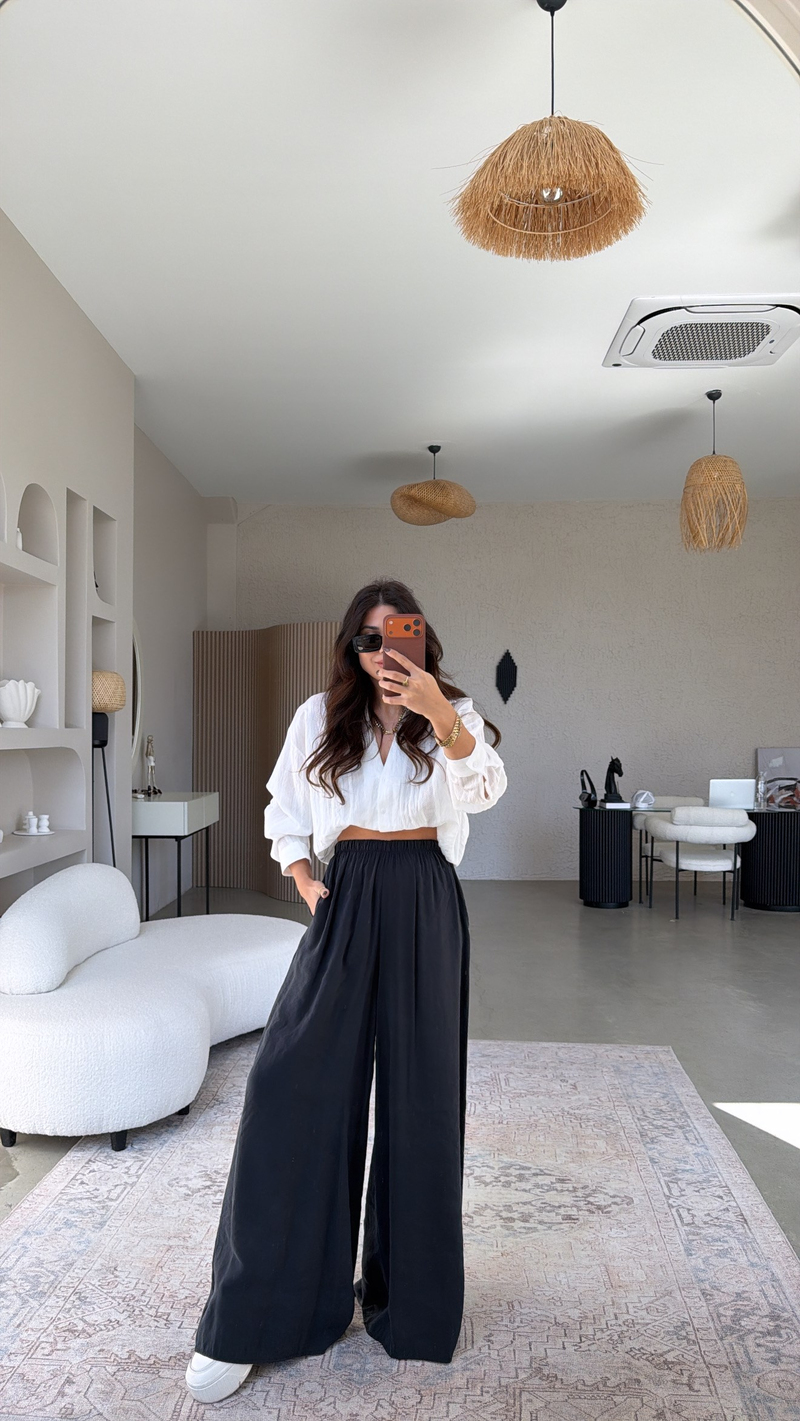 Siyah Ultra Wide Leg Tensel Pantolon