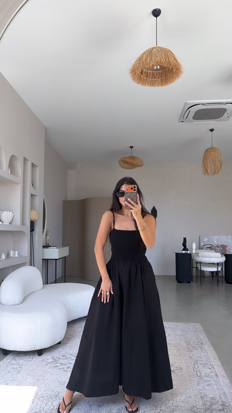 Siyah Üstü Ribana Altı Poplin Kumaş Elbise
