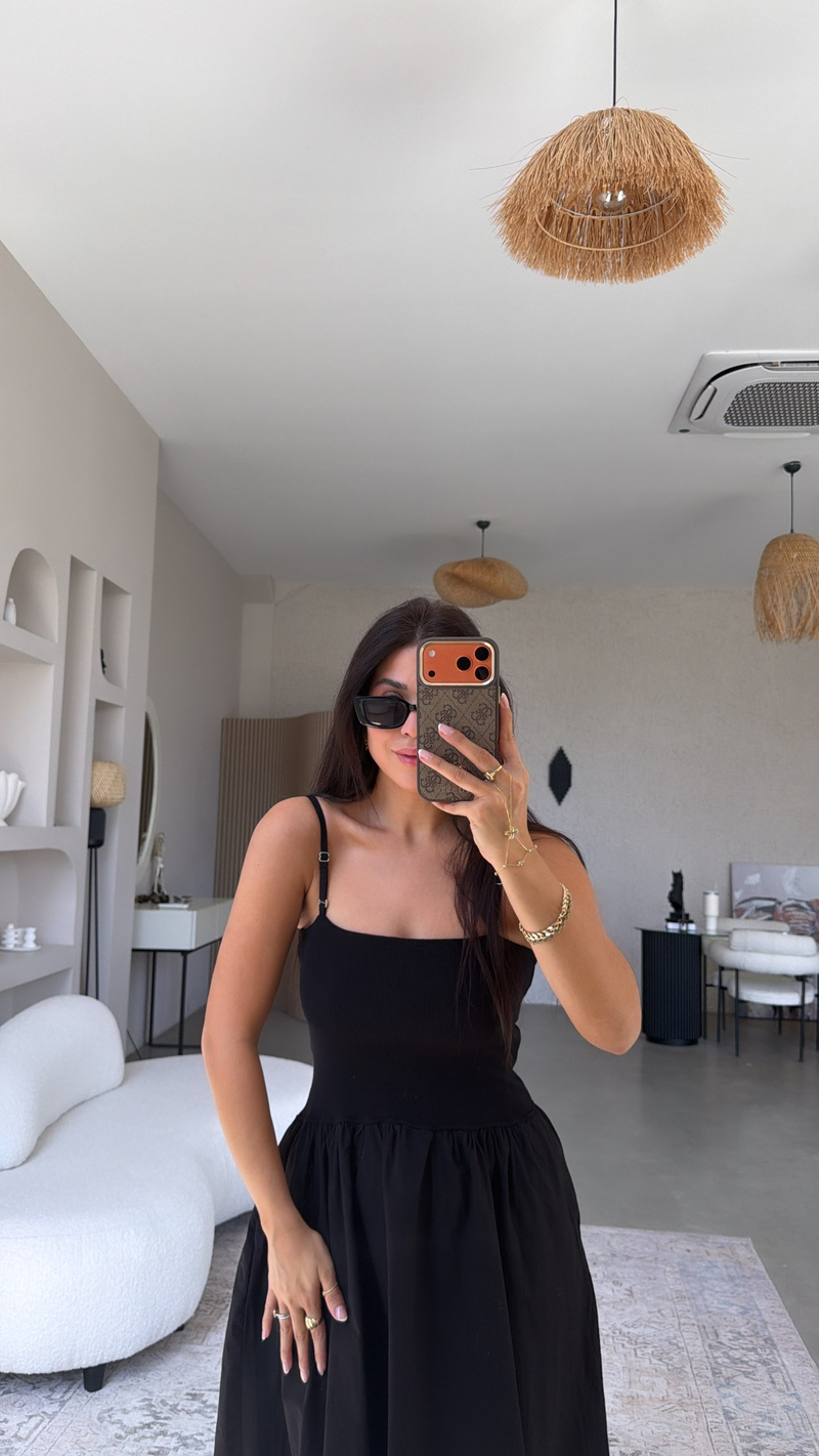 Siyah Üstü Ribana Altı Poplin Kumaş Elbise