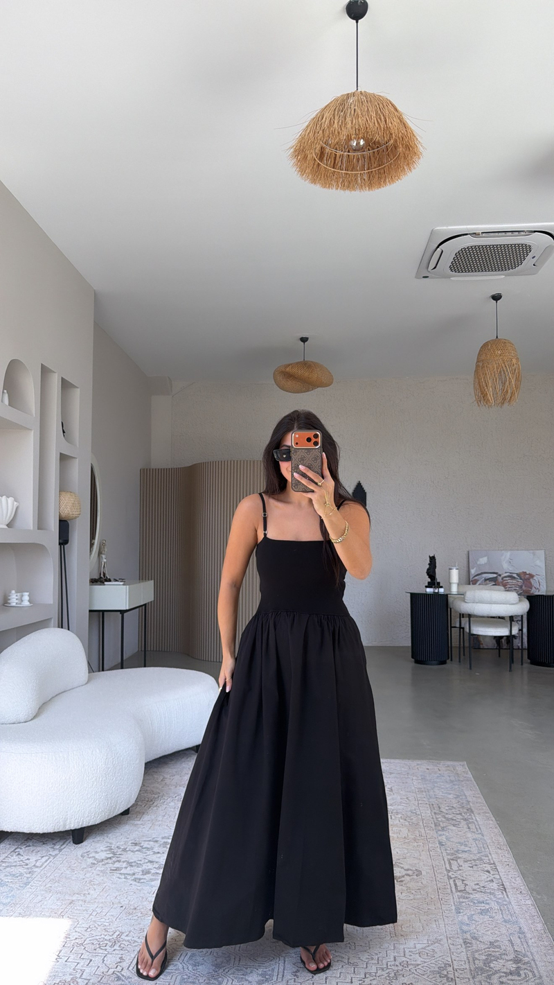Siyah Üstü Ribana Altı Poplin Kumaş Elbise