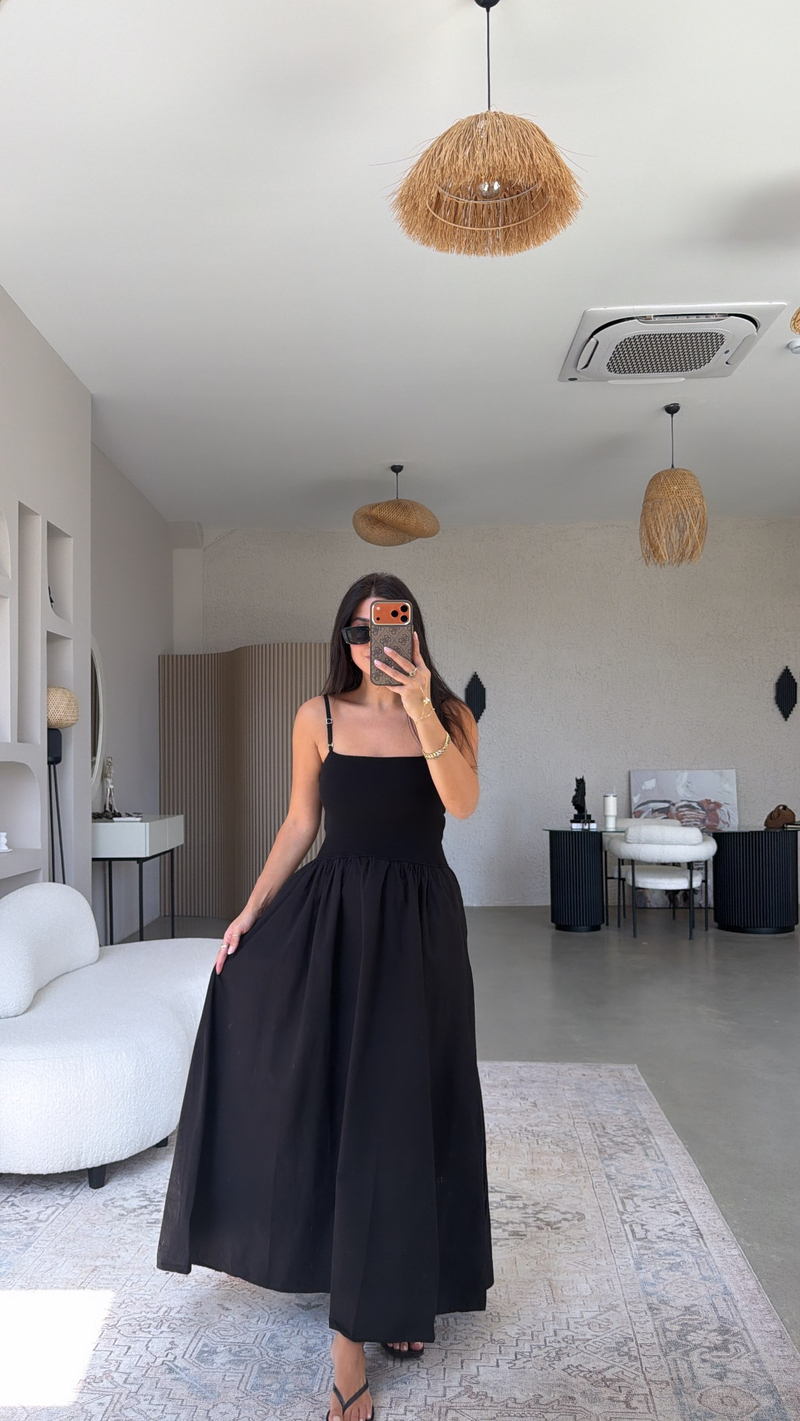 Siyah Üstü Ribana Altı Poplin Kumaş Elbise