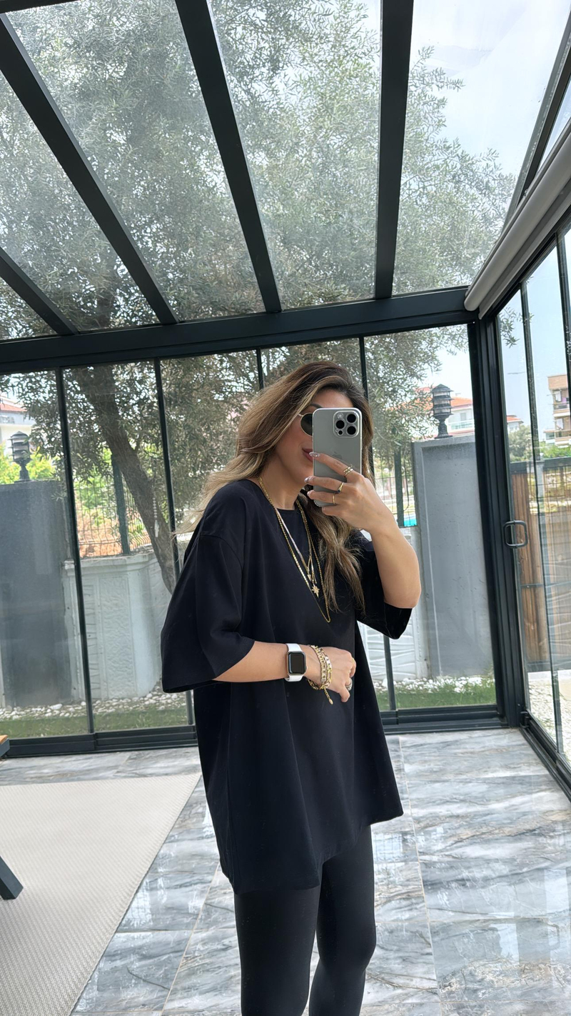 Siyah Uzun Truvakar Kol Basic Salaş Tshirt