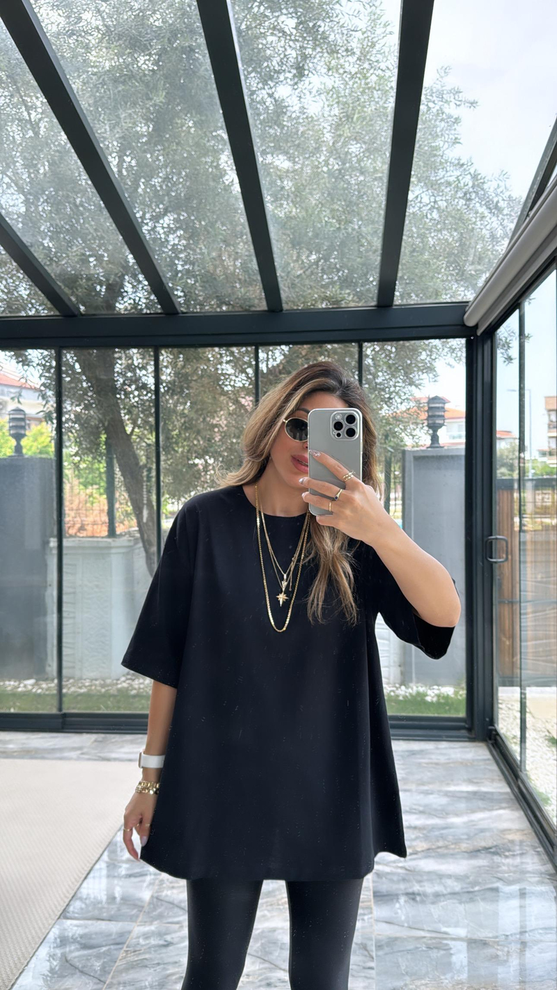 Siyah Uzun Truvakar Kol Basic Salaş Tshirt