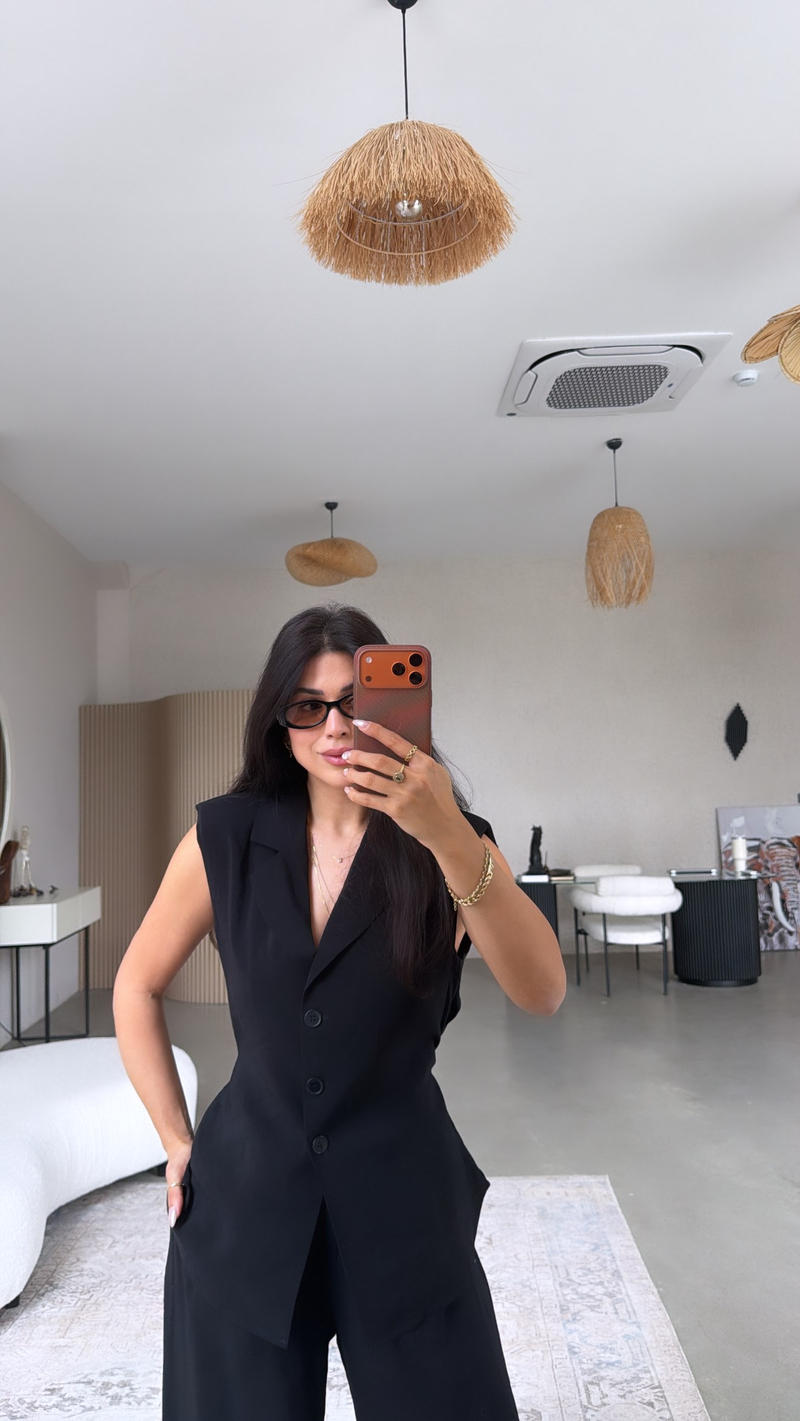 Siyah Vatkalı İpek Tensel Pantolon Yelek Takım