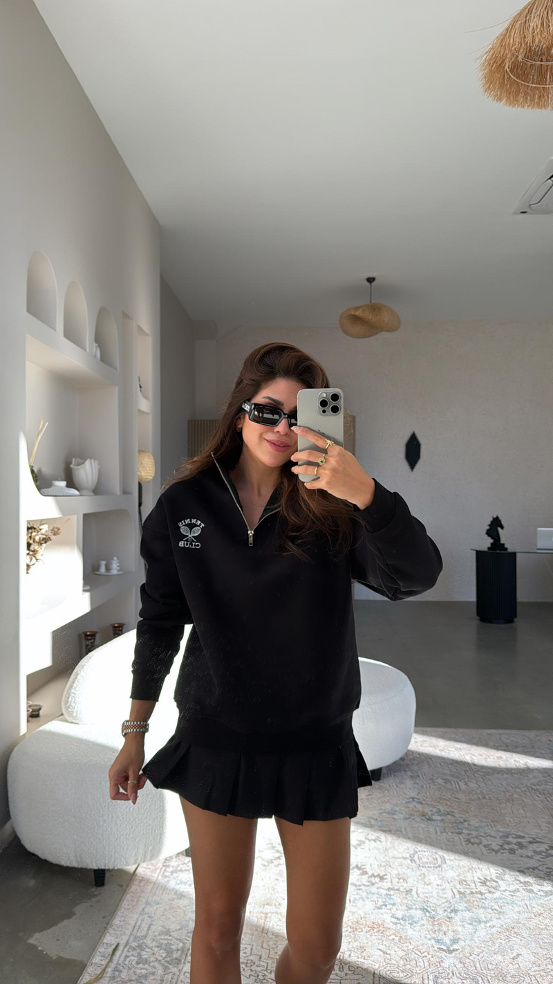 Siyah Yakası Fermuarlı Tenis Sweatshirt