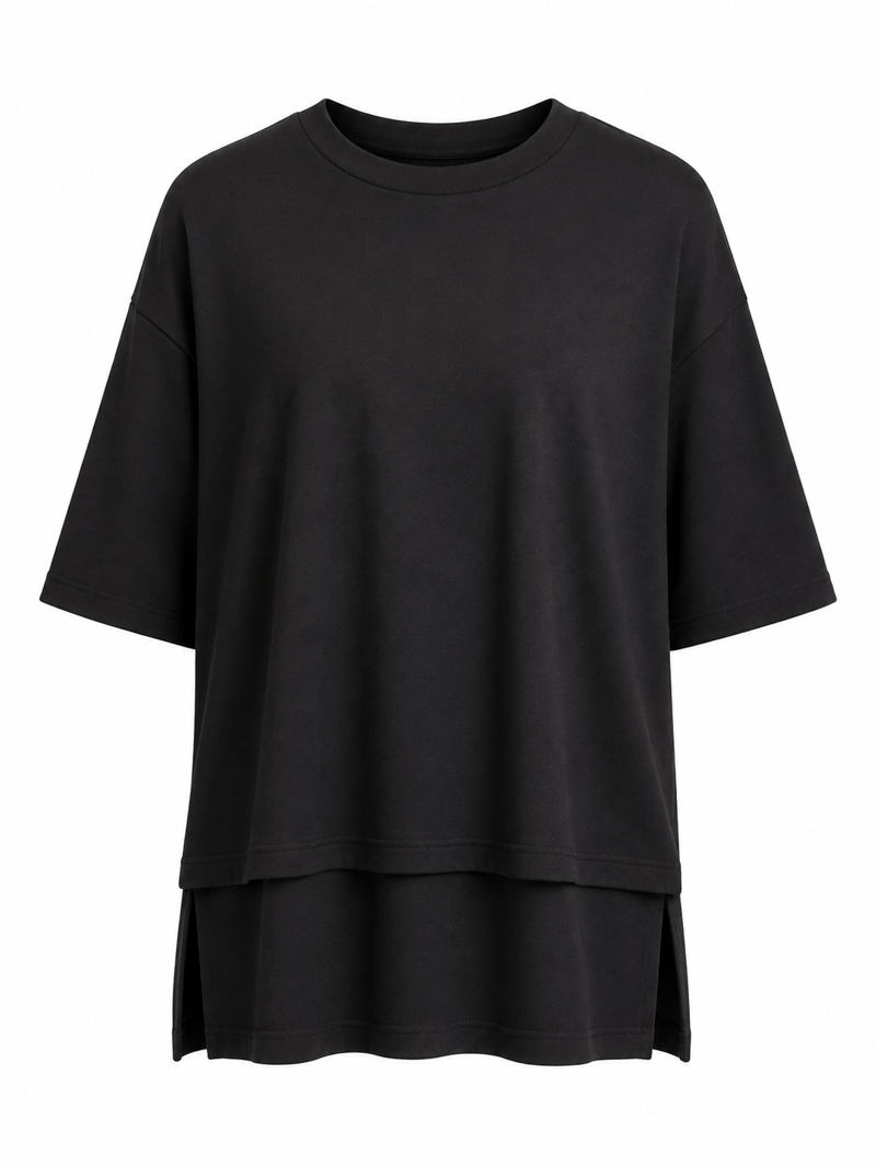 Siyah Yıkamalı Kumaş Altı Parçalı Basic Tshirt