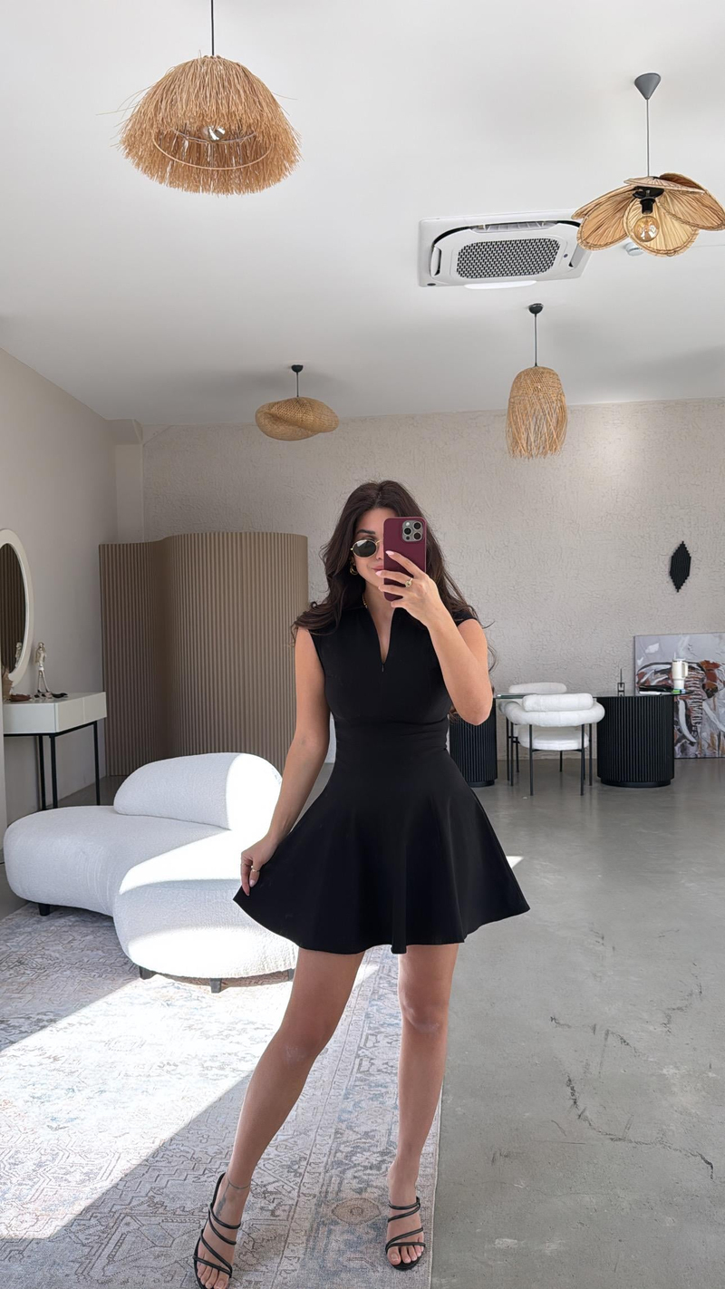 Siyah ZR Gömlek Yaka Fermuarlı Elbise