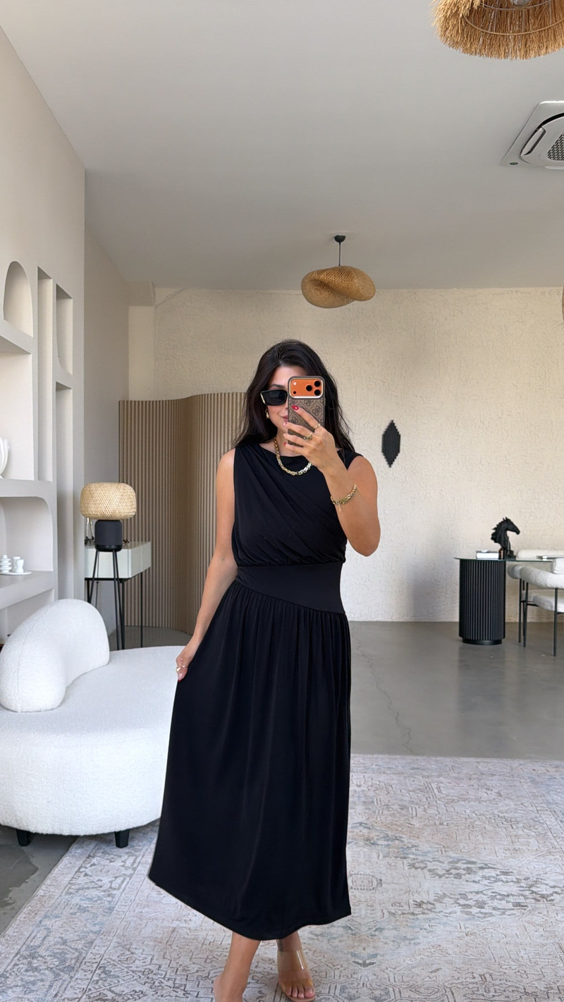 Siyah ZR Model Drape Detaylı Midi Elbise
