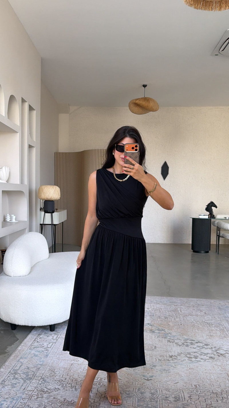 Siyah ZR Model Drape Detaylı Midi Elbise