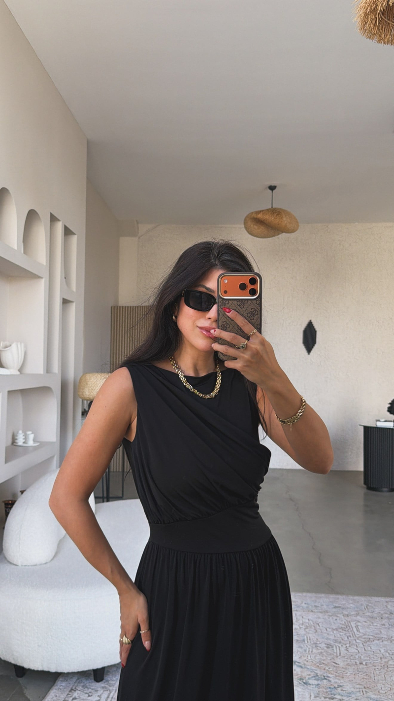 Siyah ZR Model Drape Detaylı Midi Elbise
