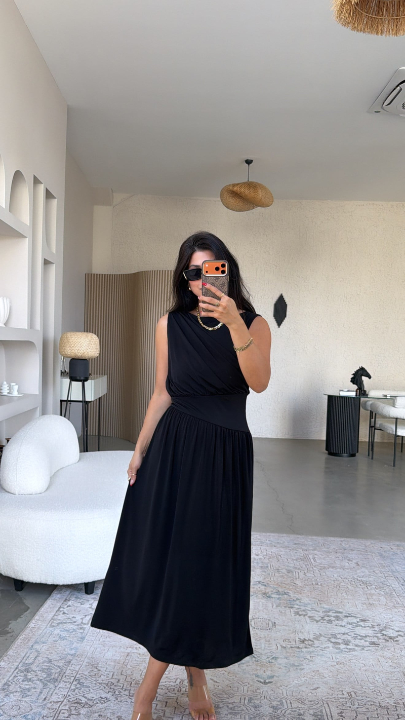 Siyah ZR Model Drape Detaylı Midi Elbise