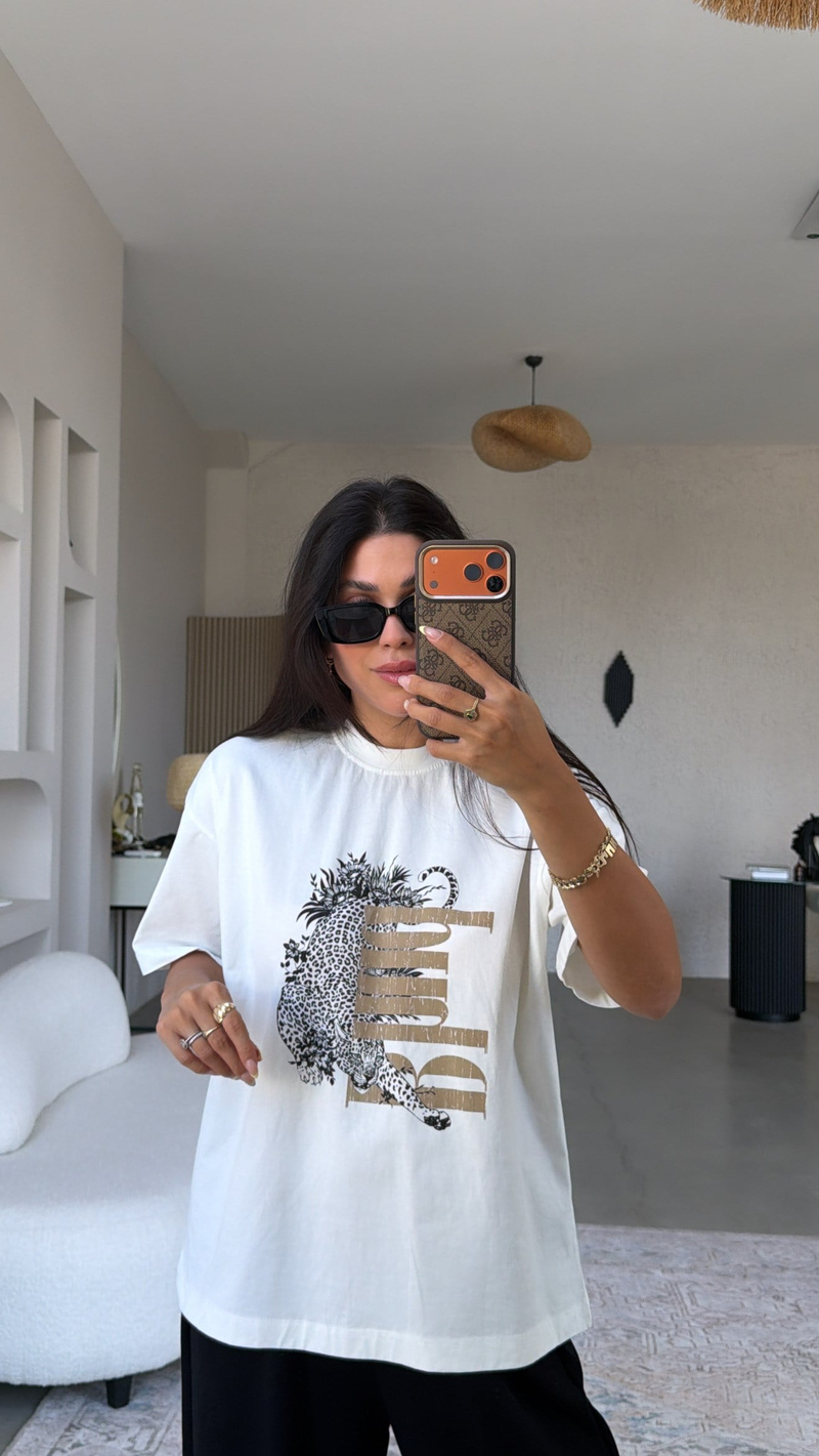 Siyahlı Kaplan Baskılı Pamuk Tshirt