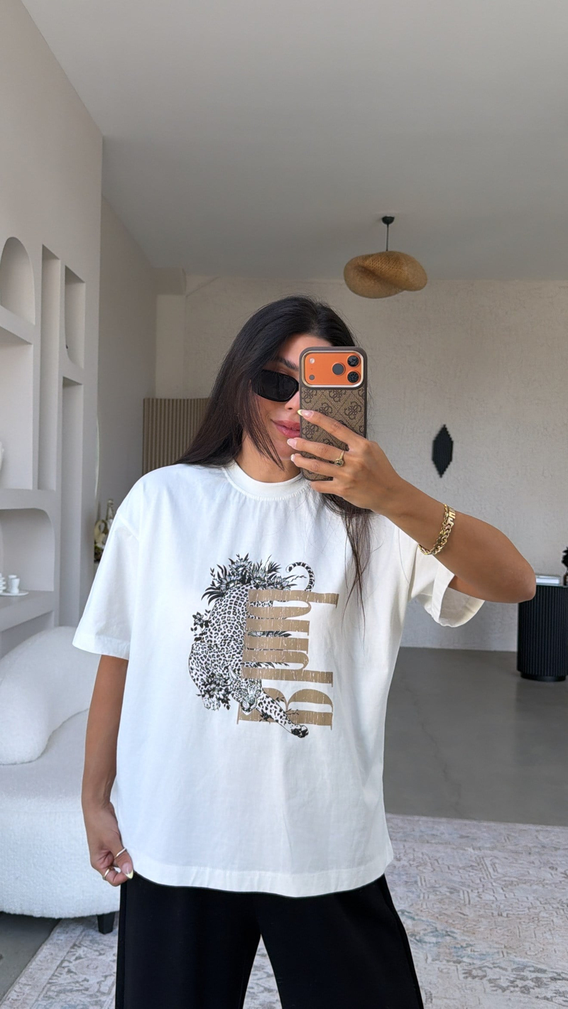 Siyahlı Kaplan Baskılı Pamuk Tshirt