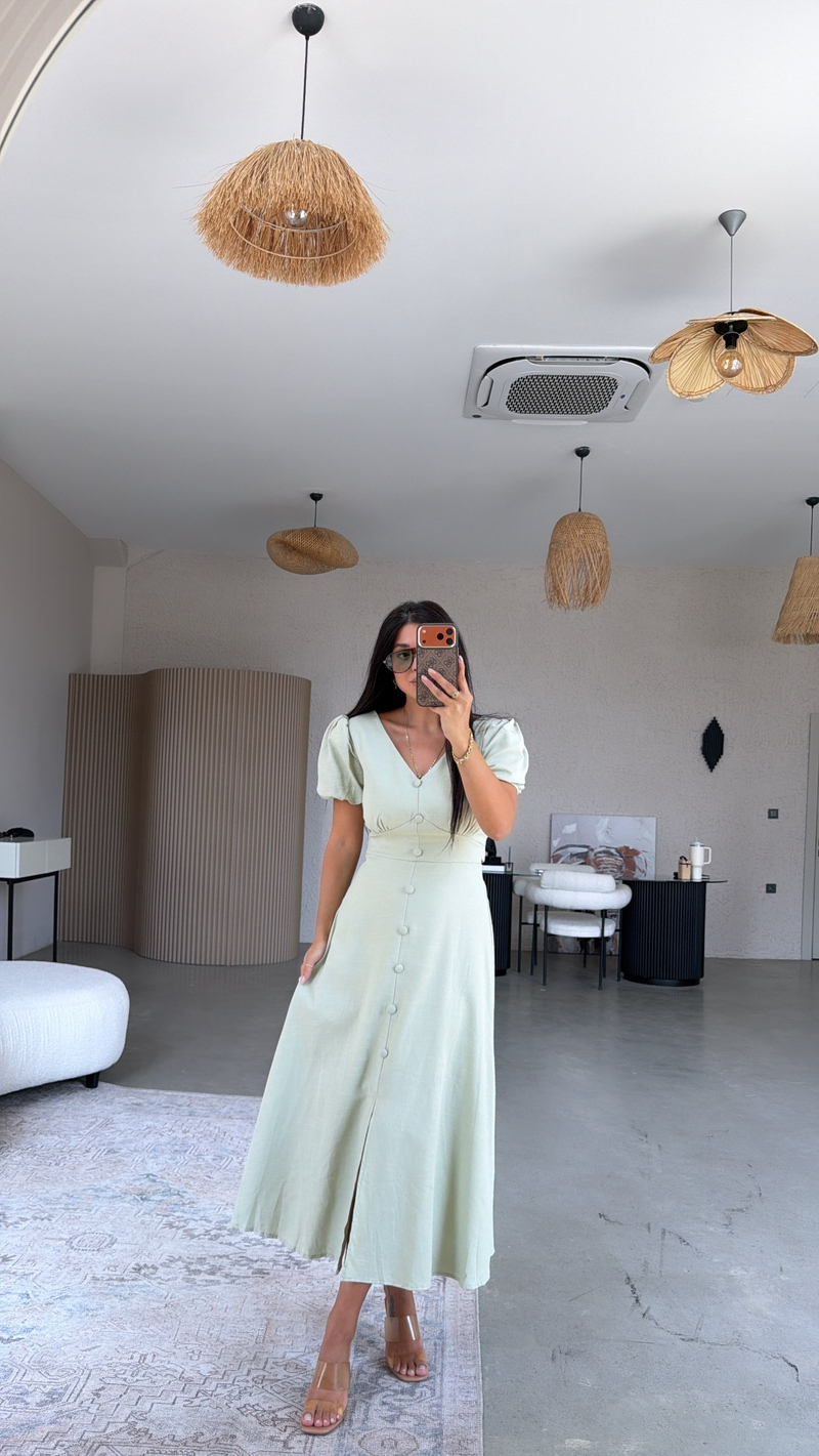 Su Yeşili Romantik Düğmeli Elbise