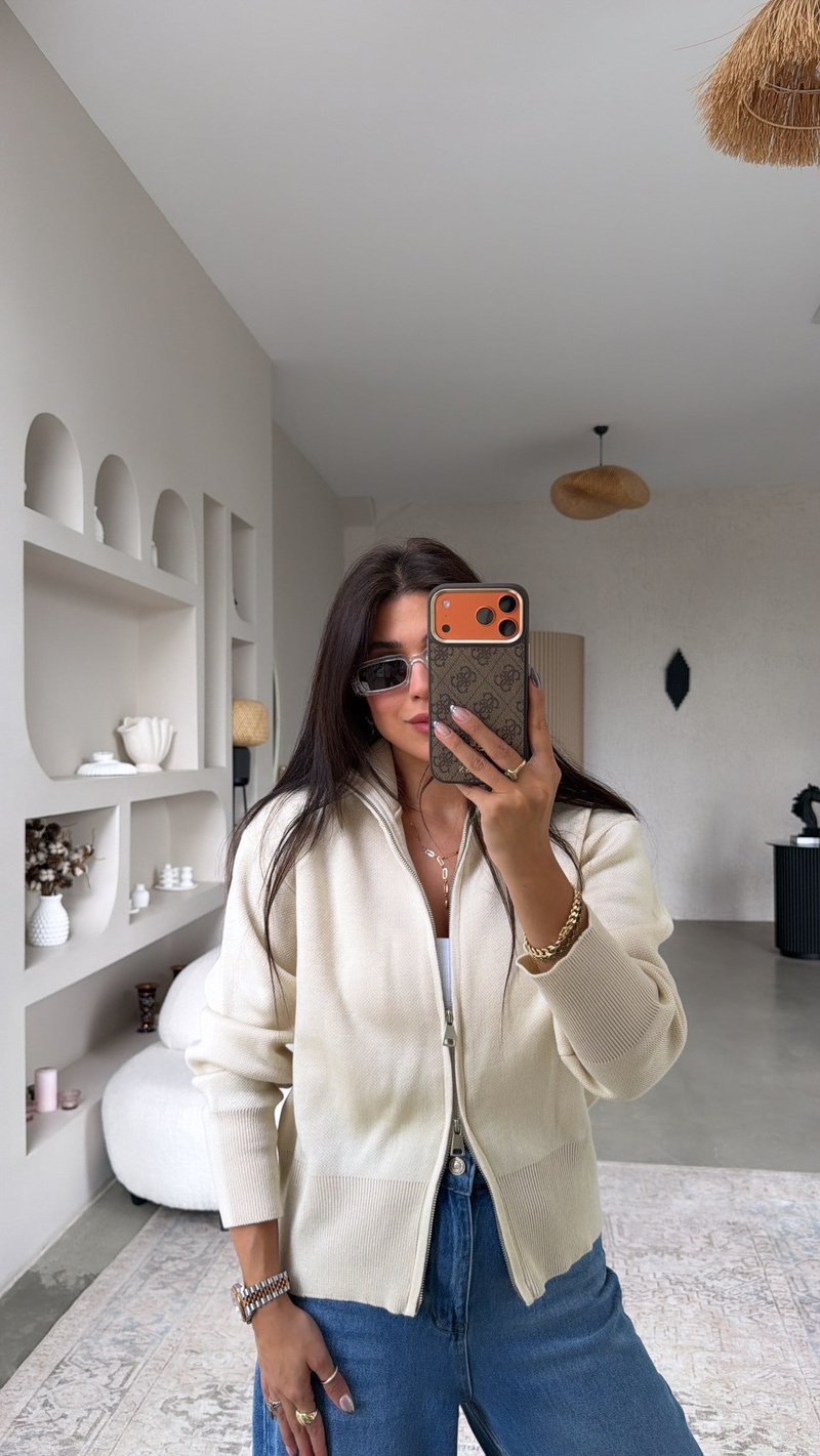 Taş Rengi Çift Fermuarlı Basic Hırka