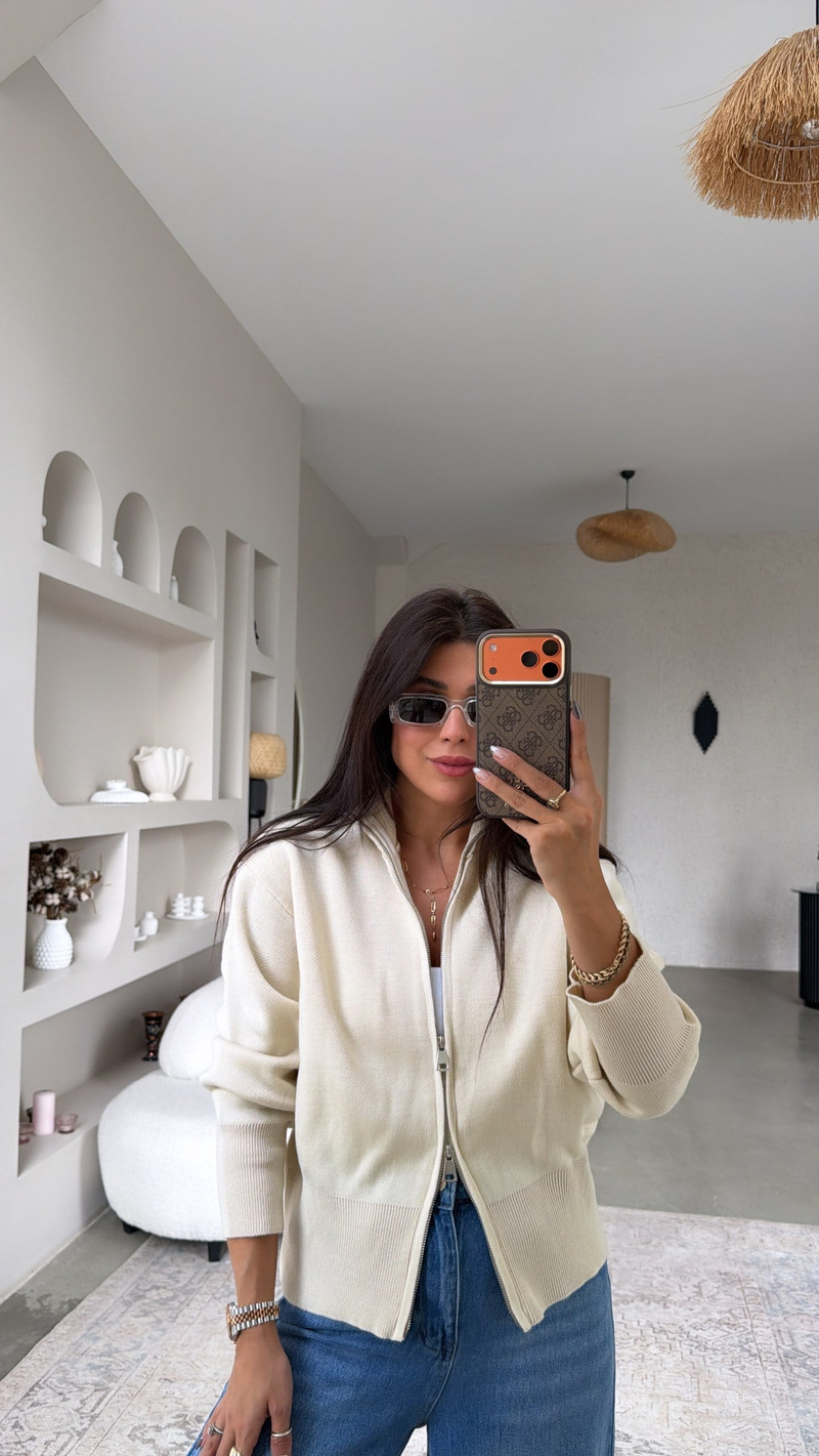 Taş Rengi Çift Fermuarlı Basic Hırka
