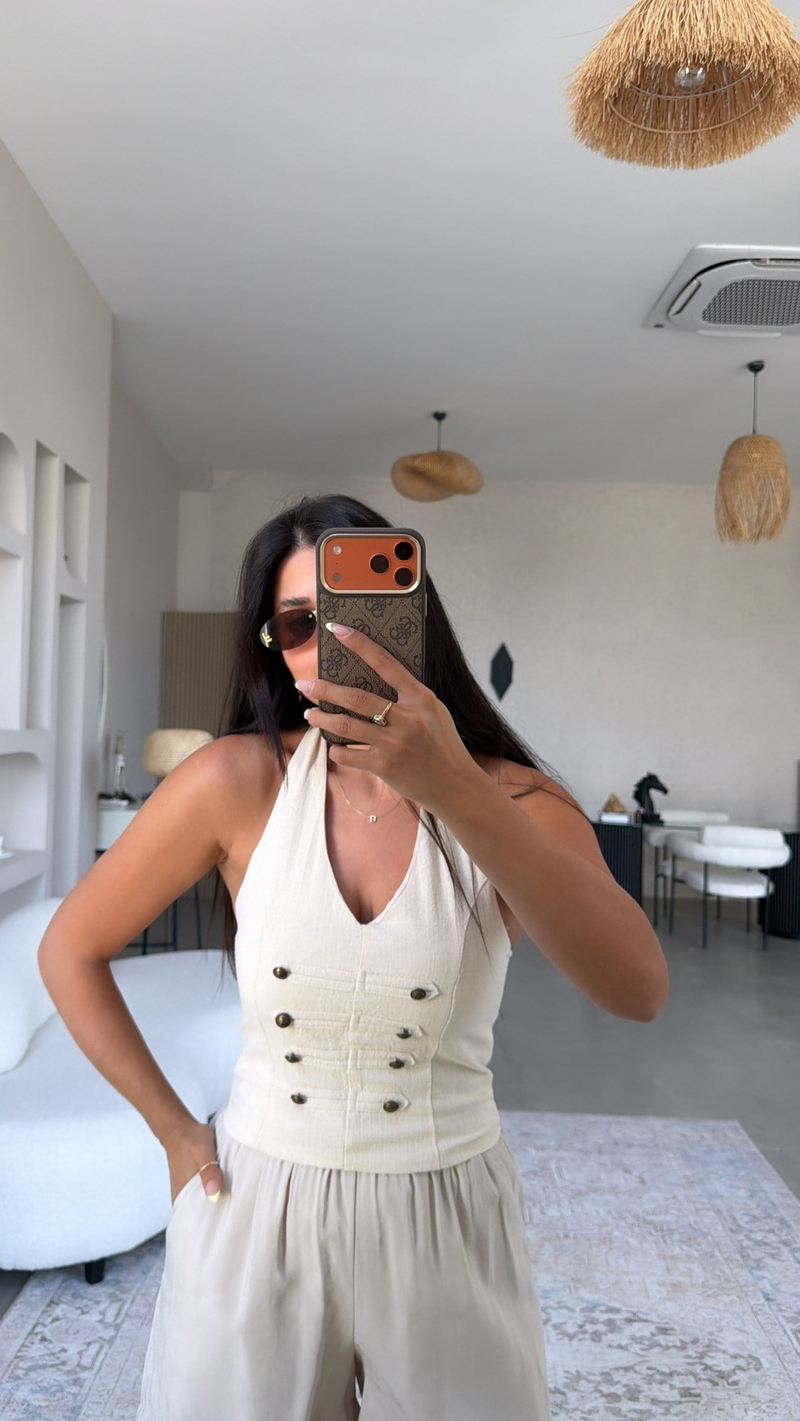 Taş Rengi Eskitme Düğmeli Sırtı Gipeli Keten Bluz