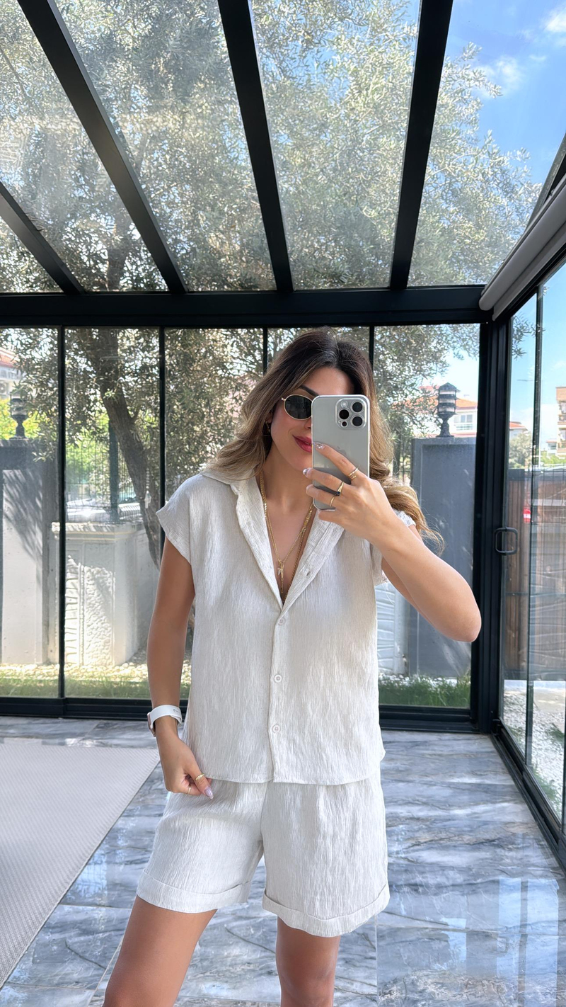 Taş Rengi Gömlek Şort Takım