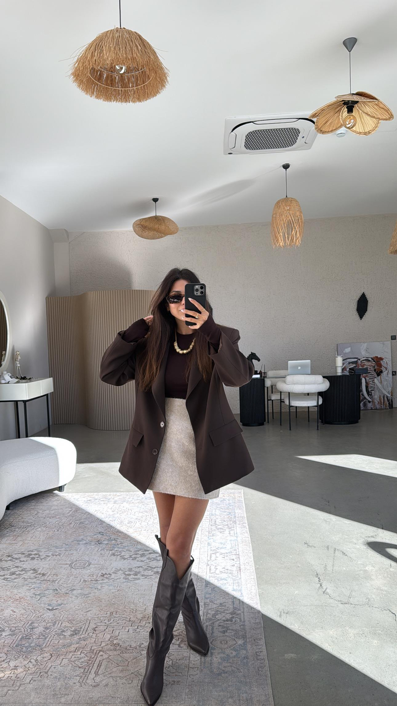 Taş Rengi Kaşe Astarlı Mini Etek