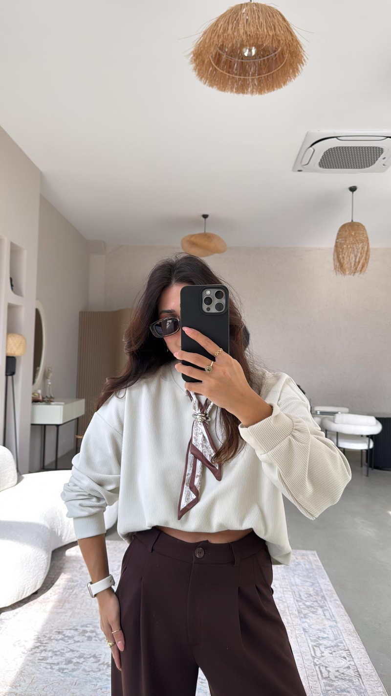 Taş Rengi Kaşkorse Fularlı Sweatshirt