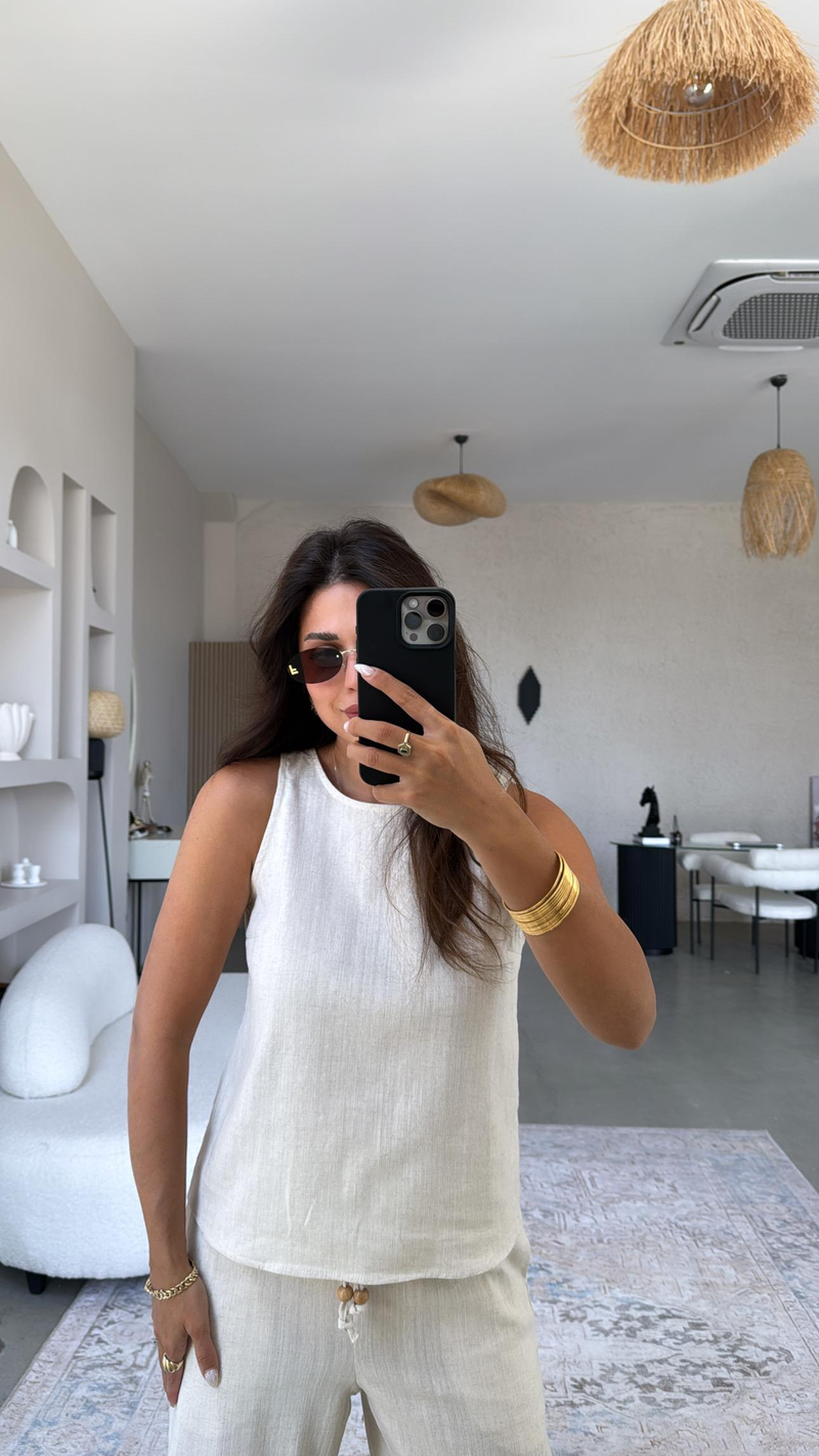 Taş Rengi Keten Boncuk Detaylı Pantolon Bluz Takım