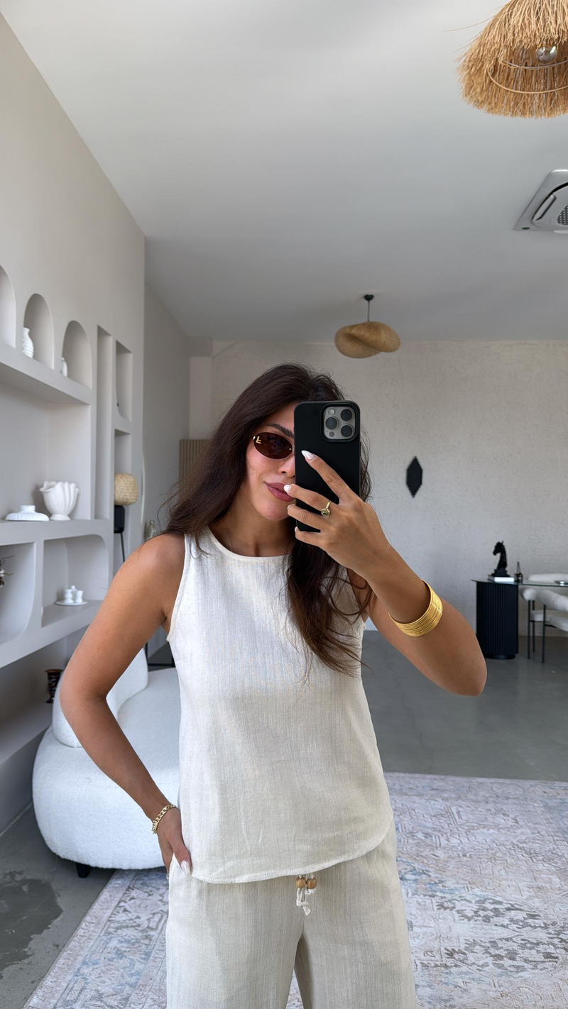Taş Rengi Keten Boncuk Detaylı Pantolon Bluz Takım