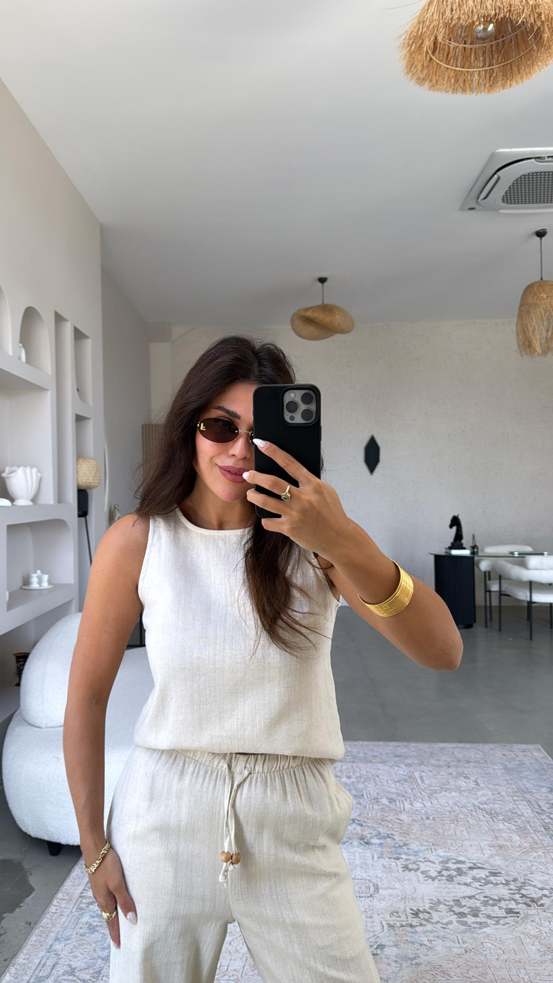 Taş Rengi Keten Boncuk Detaylı Pantolon Bluz Takım