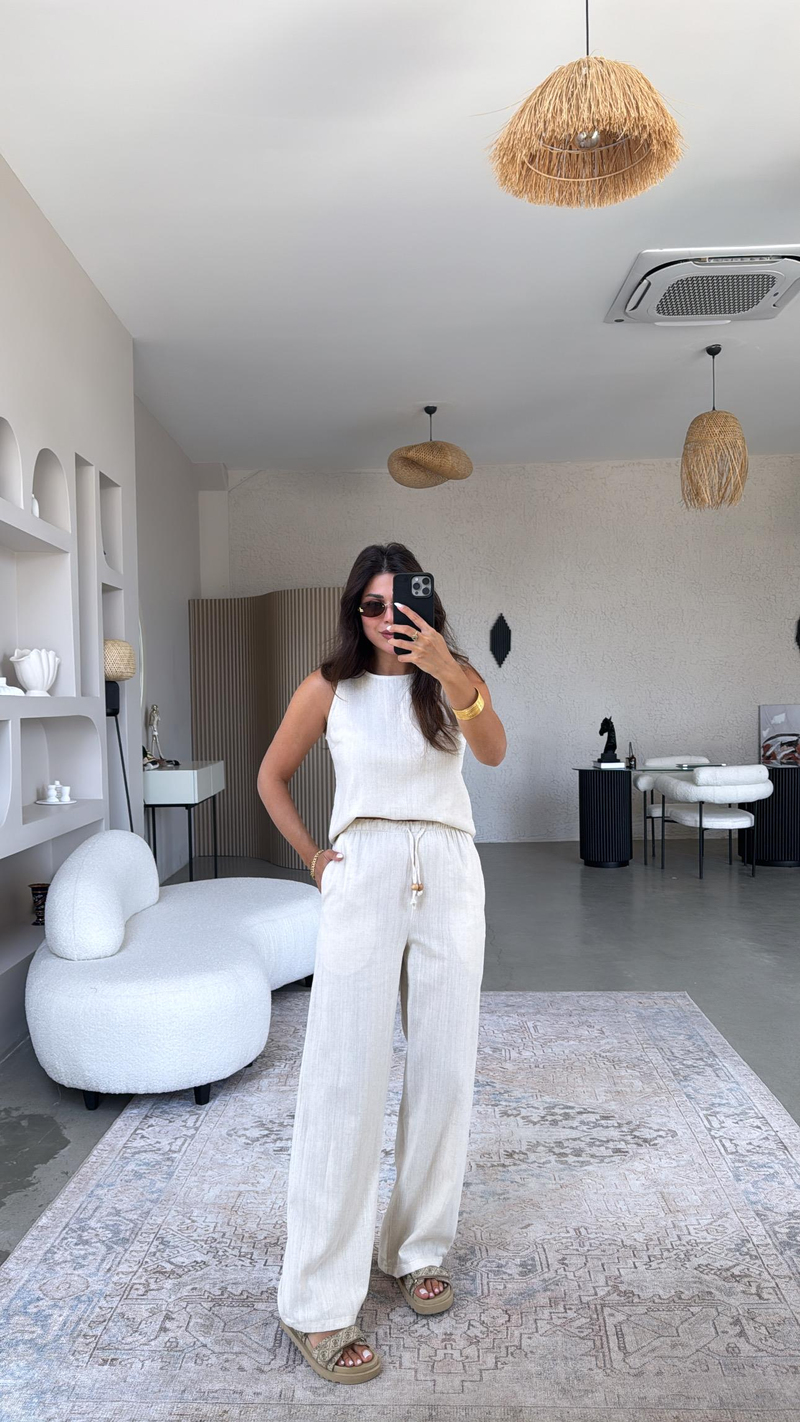 Taş Rengi Keten Boncuk Detaylı Pantolon Bluz Takım