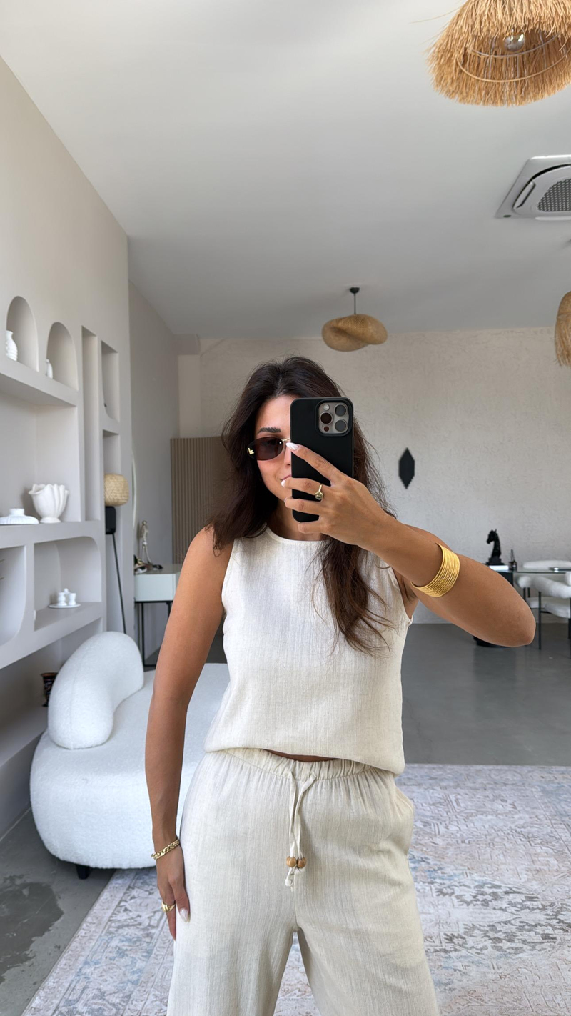 Taş Rengi Keten Boncuk Detaylı Pantolon Bluz Takım