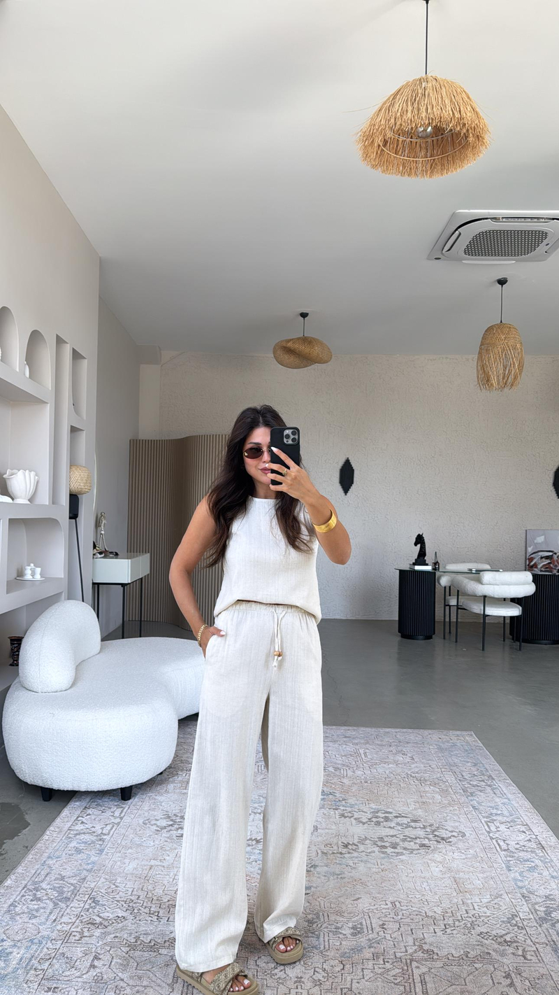 Taş Rengi Keten Boncuk Detaylı Pantolon Bluz Takım
