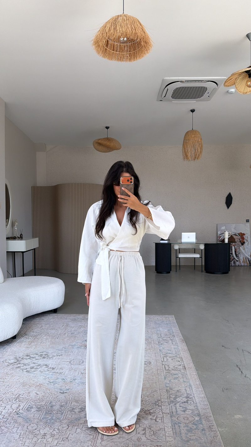 Taş Rengi Keten Karışımlı Basic Bol Paça Pantolon