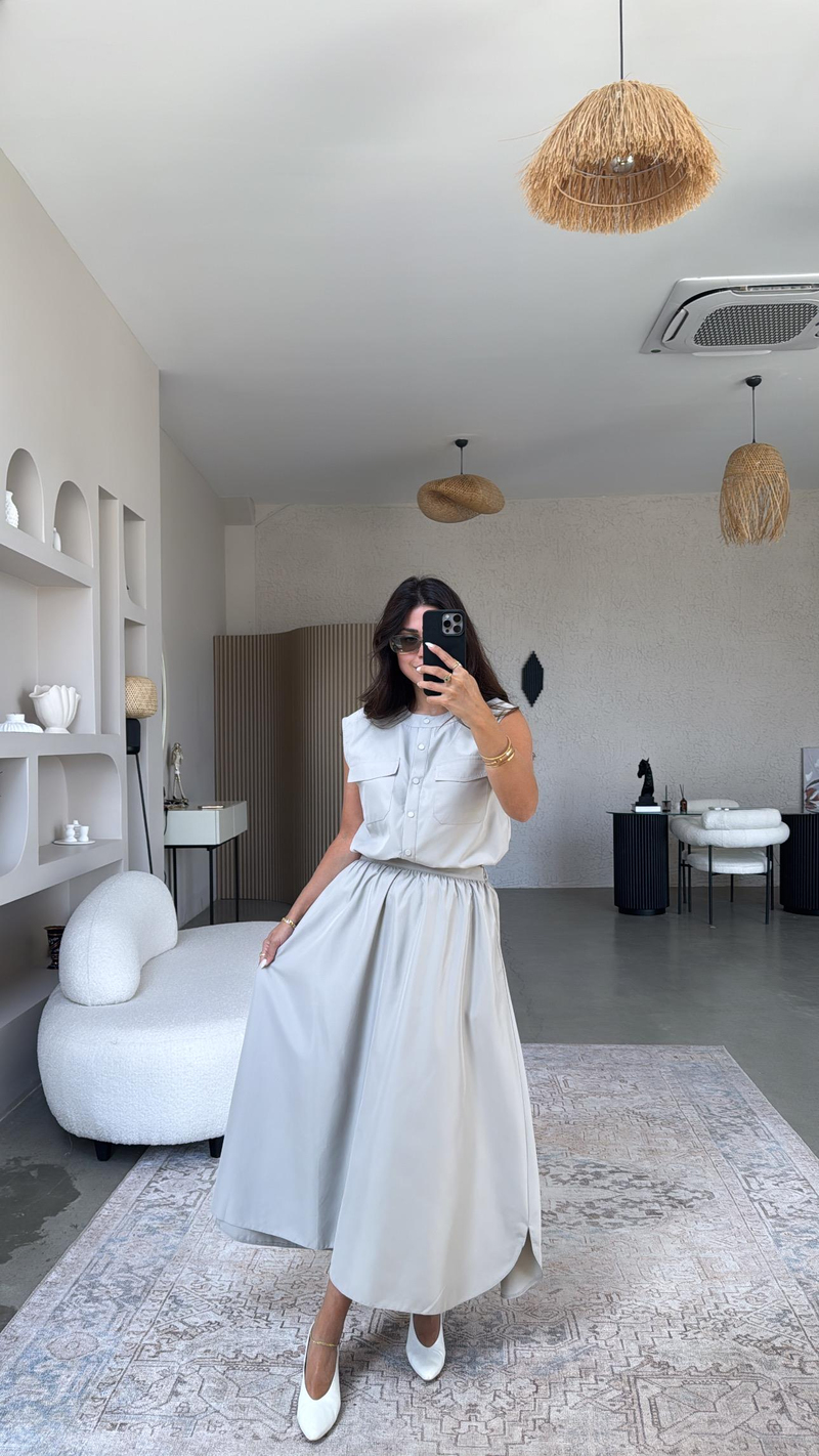 Taş Rengi Paraşüt Kumaş Etek Bluz Takım