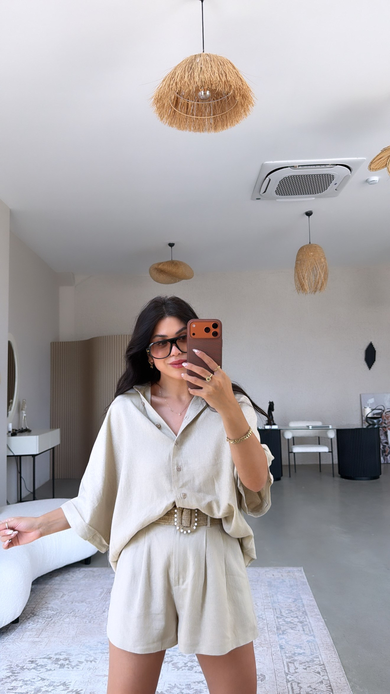 Taş Rengi Premium Kemerli Şort Gömlek Takım
