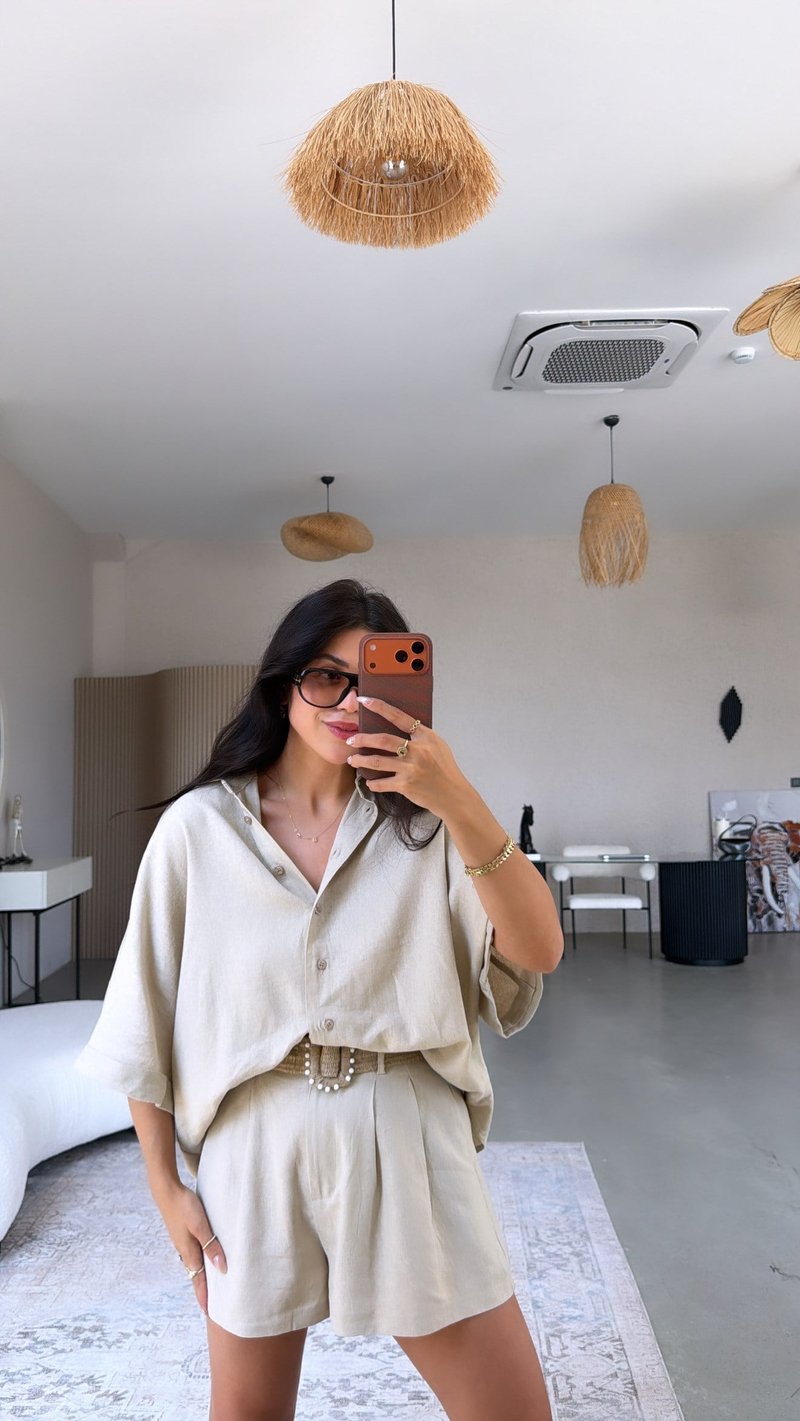 Taş Rengi Premium Kemerli Şort Gömlek Takım