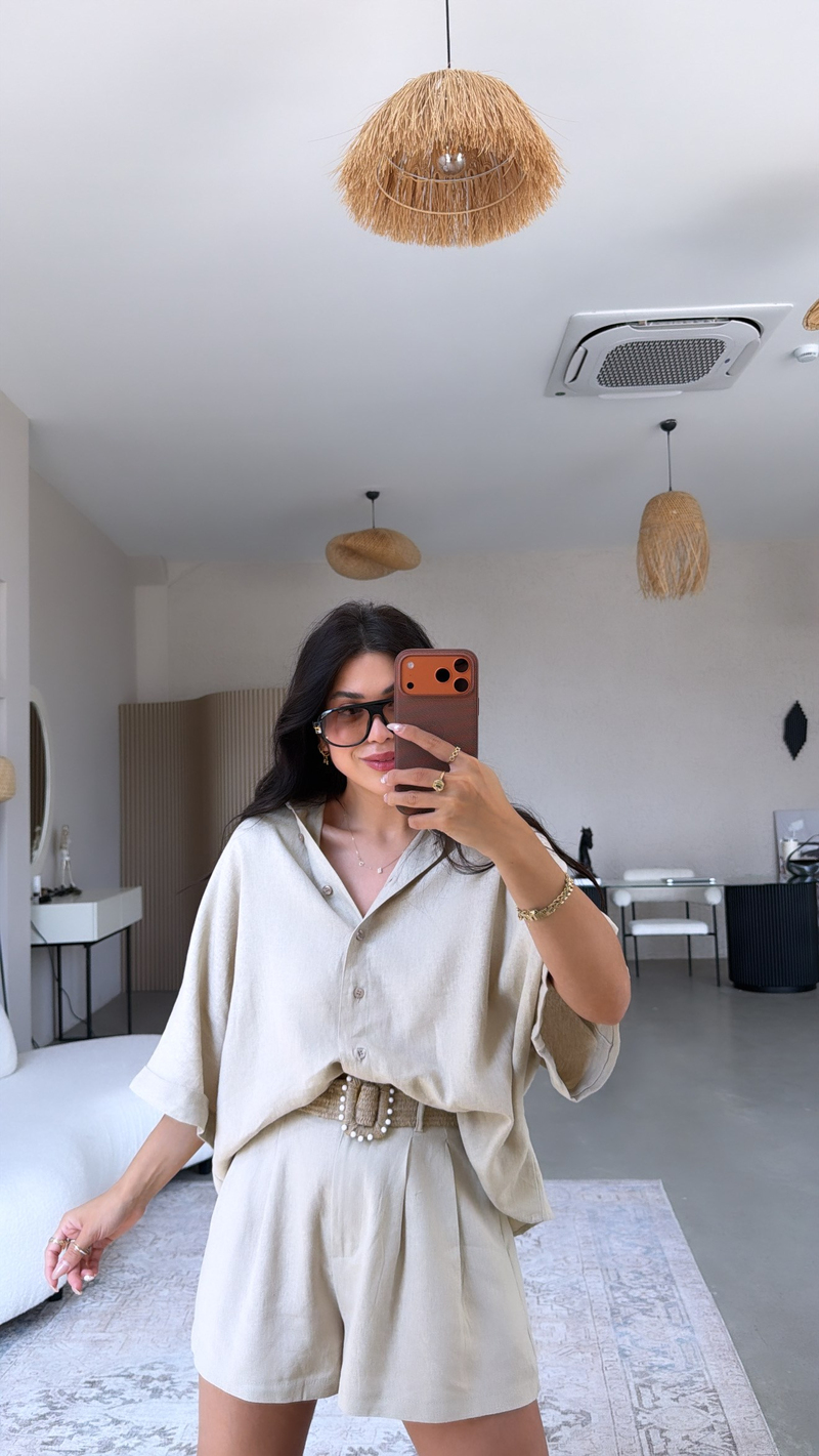 Taş Rengi Premium Kemerli Şort Gömlek Takım