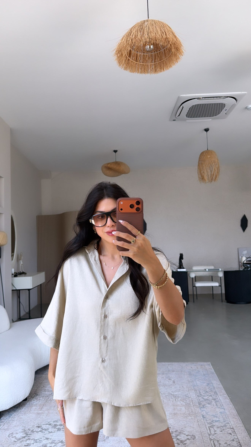 Taş Rengi Premium Kemerli Şort Gömlek Takım
