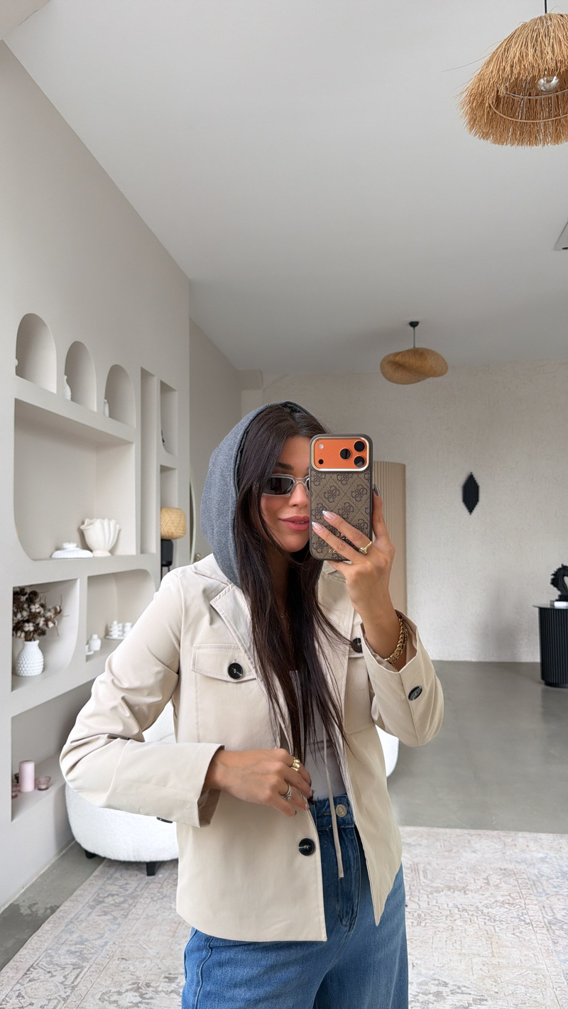 Taş Rengi Sweat Kapüşon Detaylı Ceket