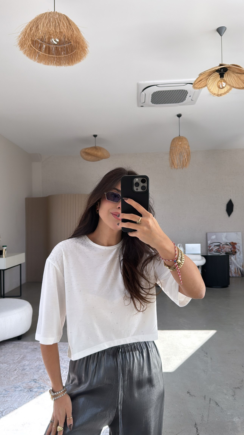 Taşlı Pamuklu Crop Tshirt