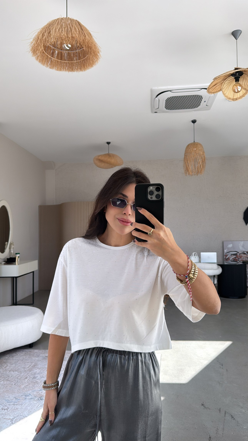 Taşlı Pamuklu Crop Tshirt